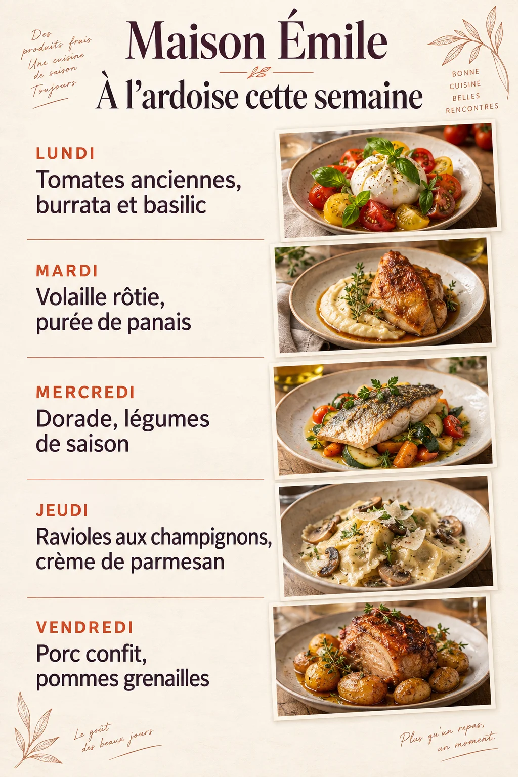 Menu illustratif Maison Émile : lundi, tomates anciennes, burrata et basilic ; mardi, volaille rôtie, purée de panais ; mercredi, dorade et légumes de saison ; jeudi, ravioles aux champignons, crème de parmesan ; vendredi, porc confit et pommes grenailles.