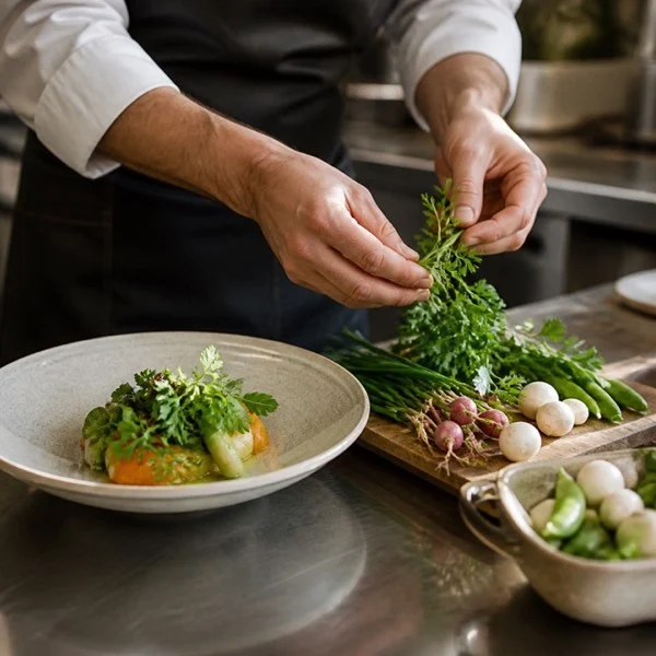 Dressage d’une assiette en cuisine — exemple illustratif pour une publication