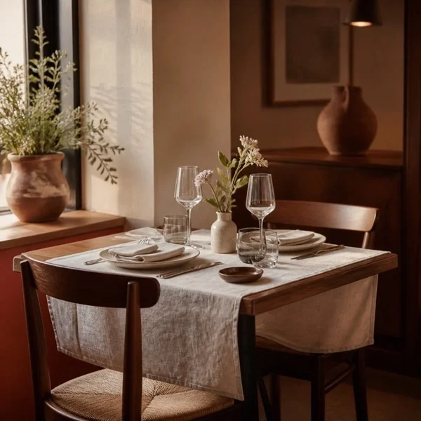 Exemple illustratif : une table dressée dans une salle chaleureuse, éclairée par la fenêtre